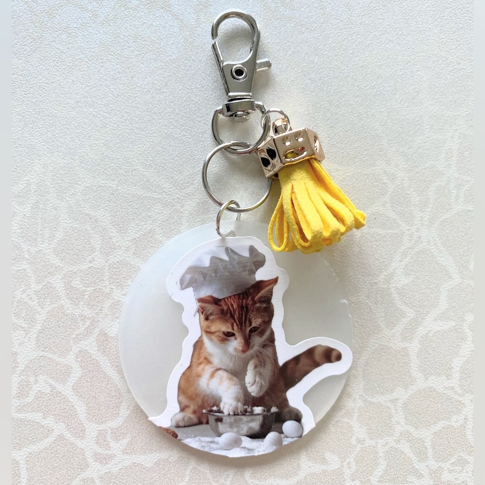 Hand Crafted Cat Keychain with Yellow Tassel